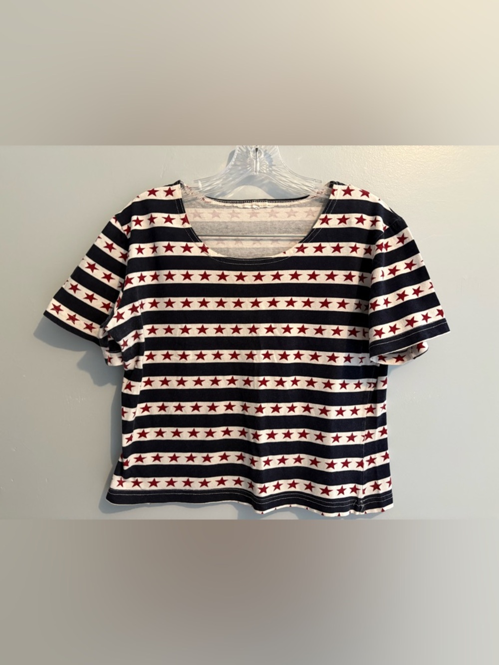 Vintage Americana Women’s Medium Cropped Short Sleeve Tee Striped Star Navy Red - Picture 3 of 15